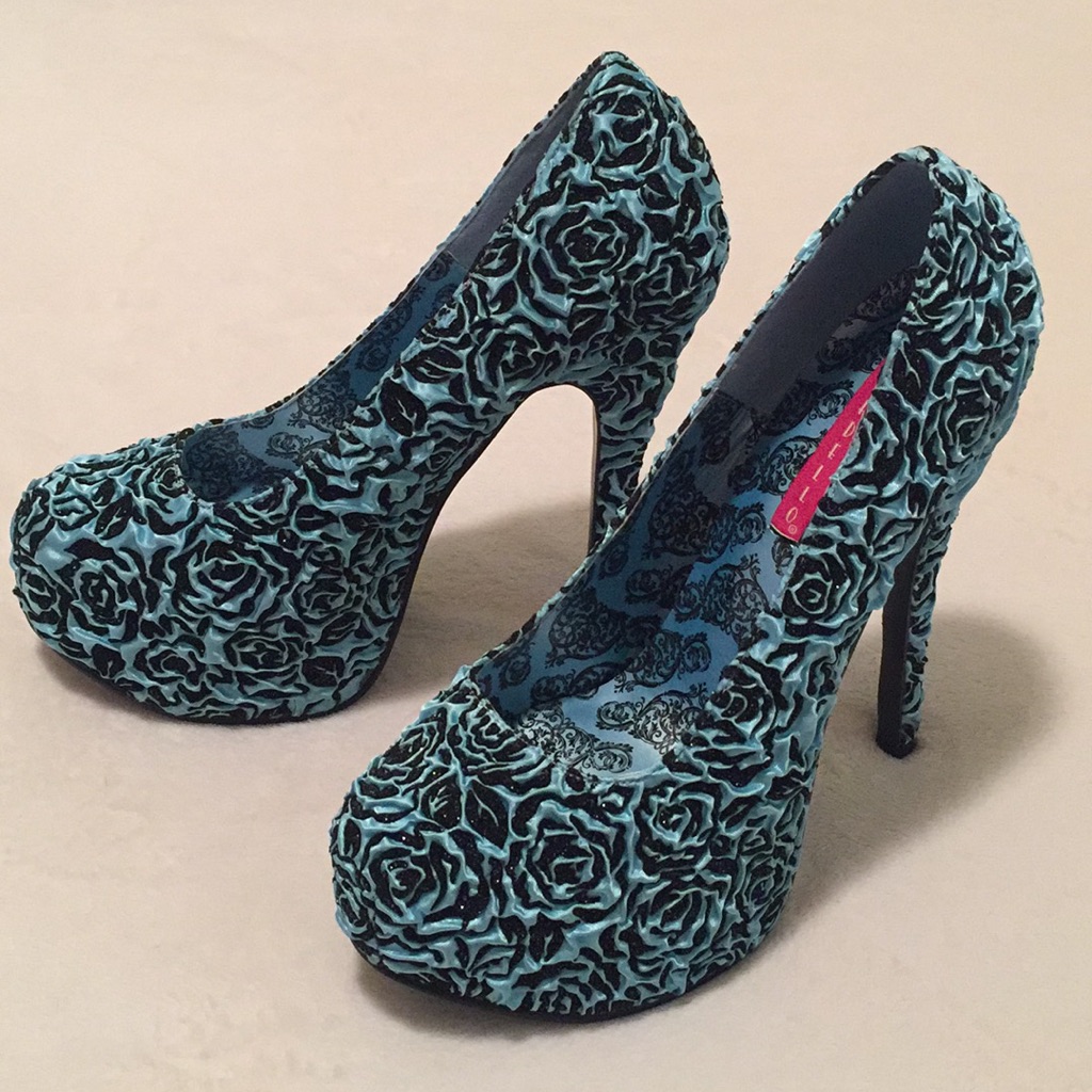 Blue Floral Satin Heels Size 6 Nib